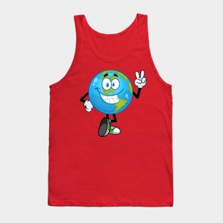 Smiling earth globe cartoon character showing peace hand sign Tank Top